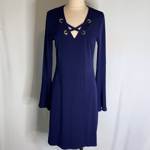 Michael Kors Grommet Lacing Navy Blue Bell Sleeves MIDI dress Size Medium - Picture 6 of 7